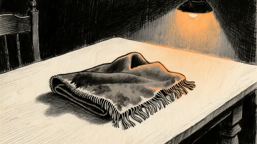 Ink illustration of a folded fringed buckskin poncho.